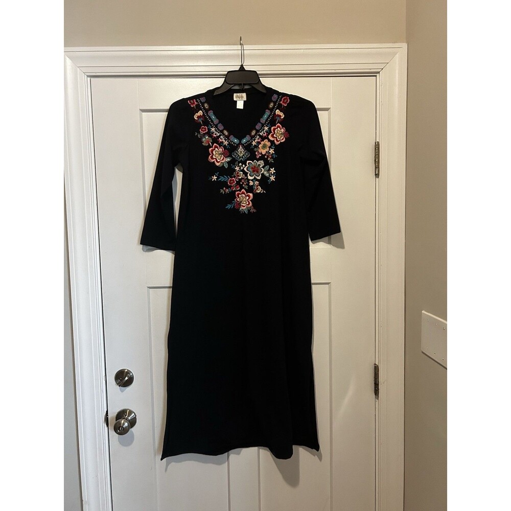Navy Blue Multicolor Floral Embroidered Knit Dress Boho Modest Size Medium